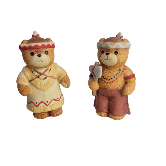 Enesco Lucy and Me Bear Figurine Set Thanksgiving Native American Boy And Girl