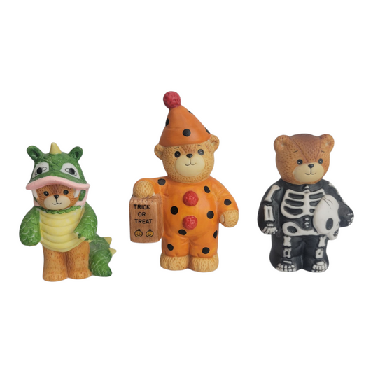 Enesco Lucy and Me Bear Vintage Halloween Skeleton Trick Or Treat Clown and Dragon