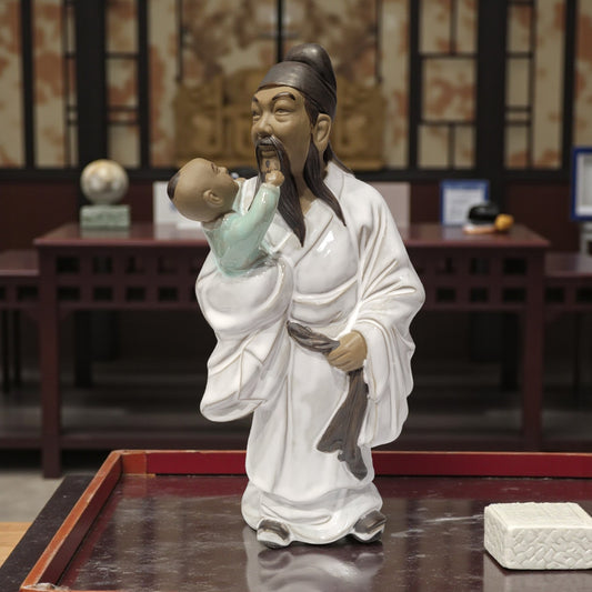 Handcrafted Chinese Porcelain Figurine Elderly Man Holding Child Ceramic Art Sculpture